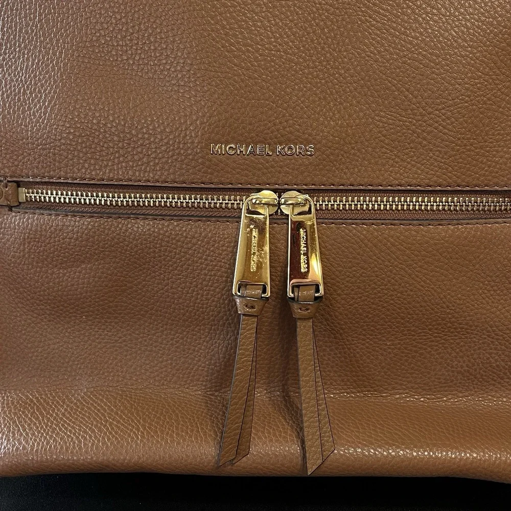 Michael Kors Pebbled LEATHER Rhea Zip Slim Backpack Purse Camel Gold Hardware